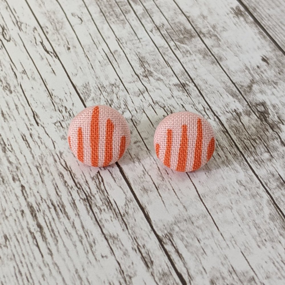 Fabric Cabochon Stud Earrings with Orange Line Pattern